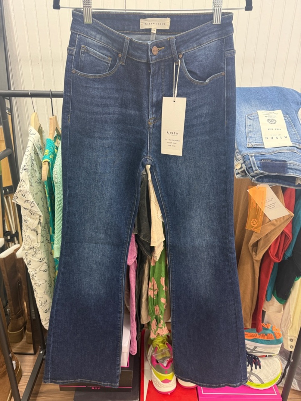 NWT Women’s Risen High Rise Flare Jeans Dark Wash Stretch Denim Bootcut Sz 7/28